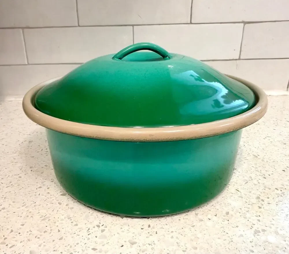 Vintage Green Ombre Enamelware Casserole Dish with Lid, Mid Century Baking